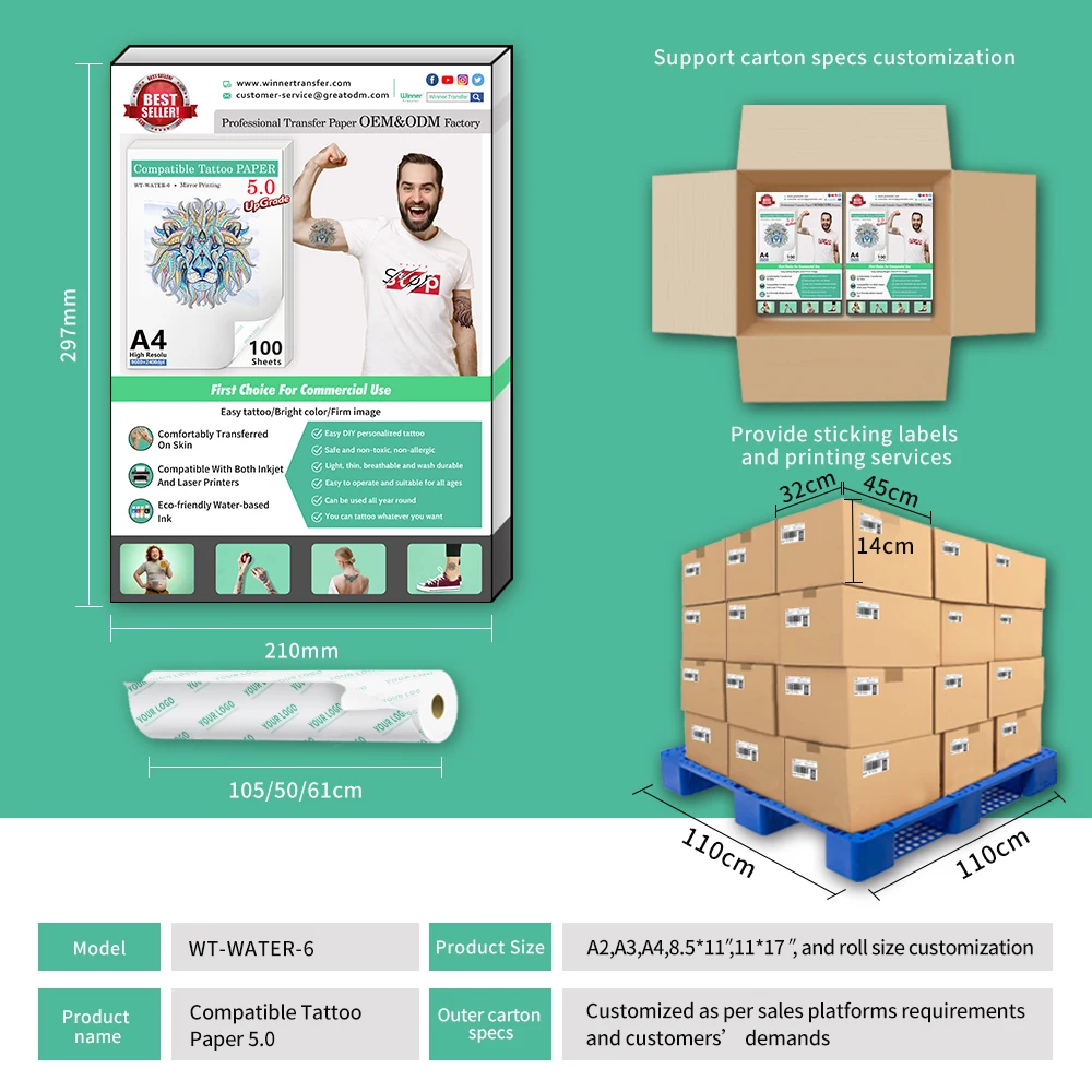 Готовая к отправке 100 комплектов временная тату-бумага размера A + B A4 переводная бумага для тату струйная татуировок любых лазеров и струйных принтеров