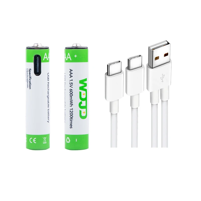 New Design  1.5V AAA 600mWh Rechargeable Lithium Ion Type C Lithium Ion Batteries  With 2-in-1 Charging Cable