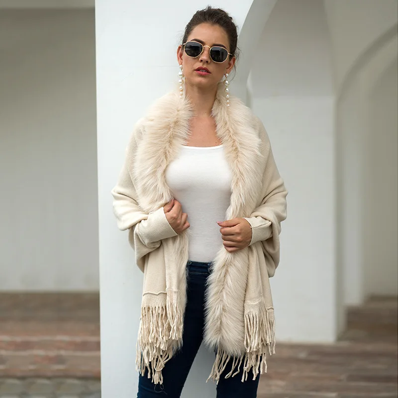Soiling Winter solid color tassel Fur collar Shawl Cloak Faux fur coats women cashmere sweater poncho knit cardigan