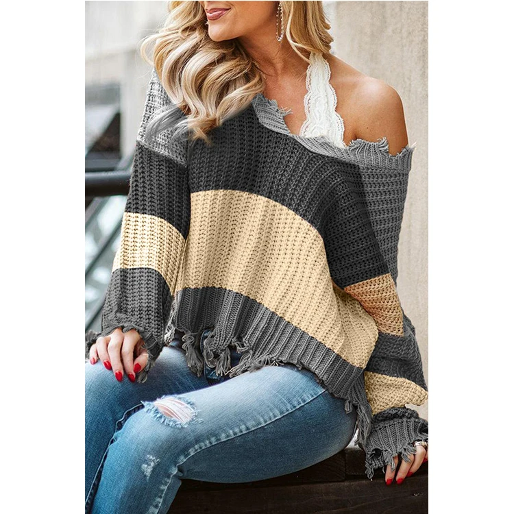 
2019 New Style Winter Striped Color Long Sleeve Women Distressed Sweater Oversize 