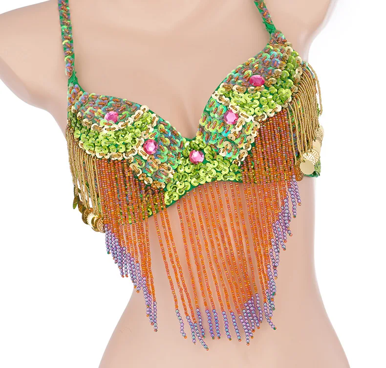 Tribal Belly Dance Costume Sequins Beaded Top Bra Dancing Fancy Bra Top