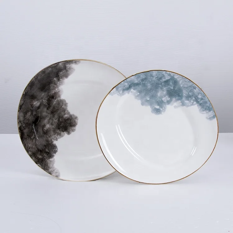 Wholesale Custom Cheap Glazed Yellow Rim Irregular Restaurant Tableware Porcelain Ceramic Plate