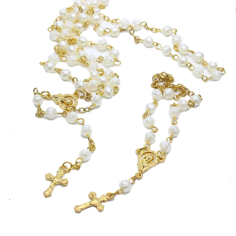 Gold Silver Plated Pearl Bead Chain Rosary Necklace Church Prayer Beads Center Maria Crucifix Pendants for Catholicism Gift