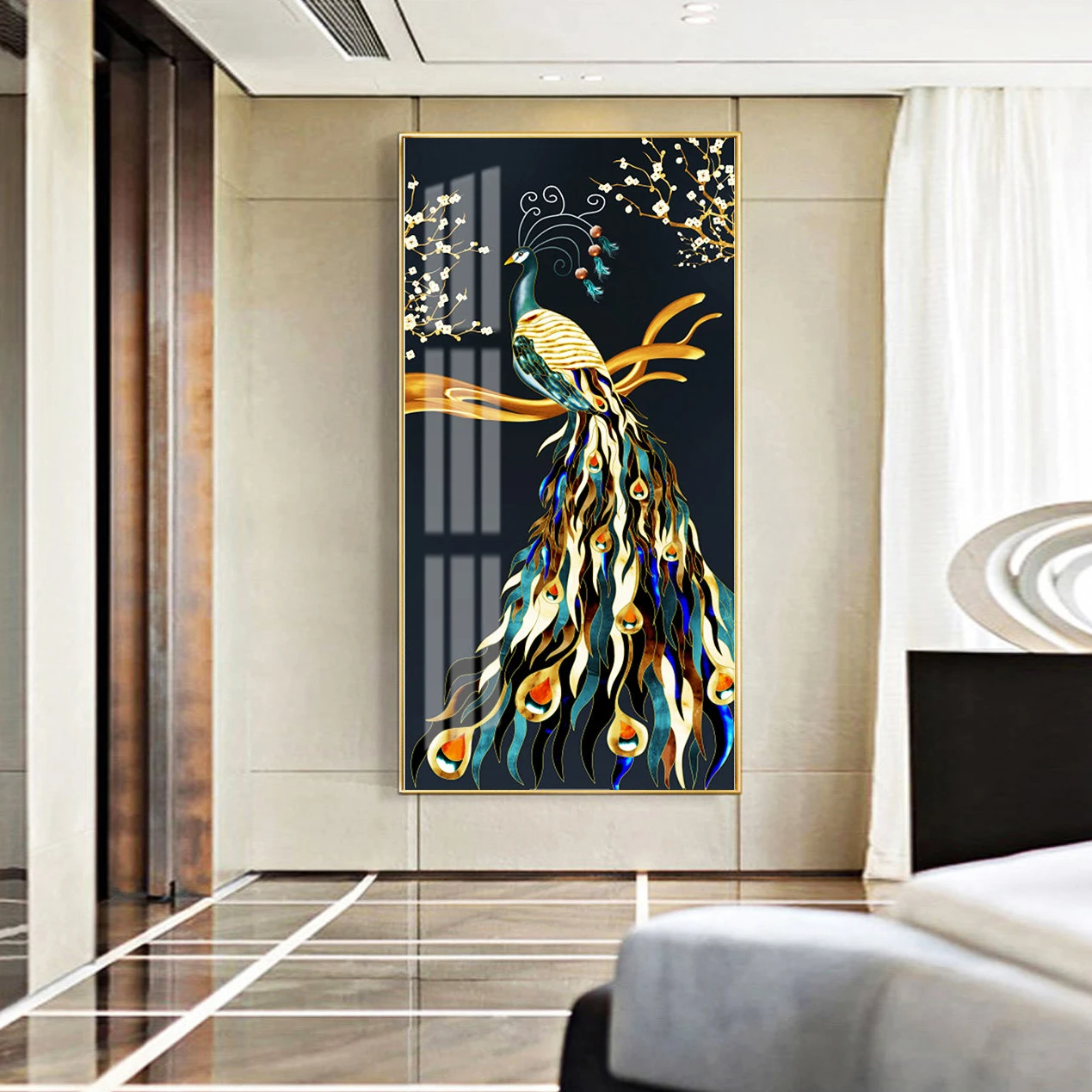 Best price classic peacock in green feather and blue feather frames wall home decoration artwork painting