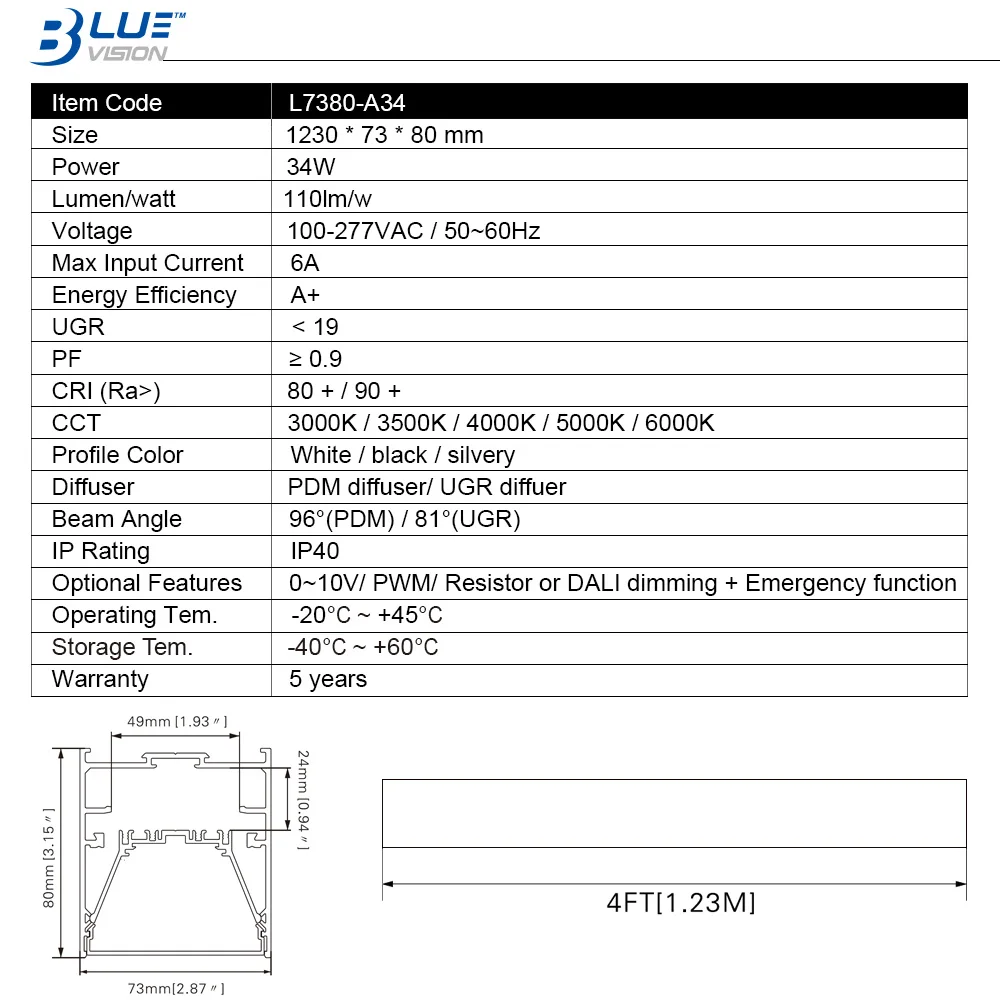 L7380-WW34 ETL TUV certified linkable warm white led linear fixture 34W 4ft 1230mm long led linear light for building lighting
