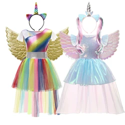 New Girl Unicorn Dress Kids Halloween Birthday Party Cosplay Rainbow Sequins Costume Dress Children Clothing Unicorn Style