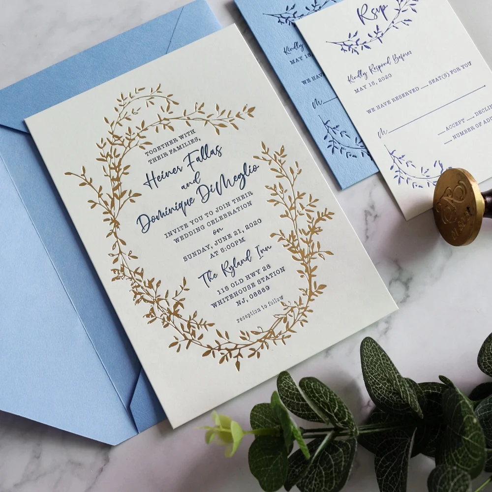 Rustic Design Cotton Paper Cards Gold Foil and Letterpress Wedding Invitations With Wax Seal and RSVP Cards