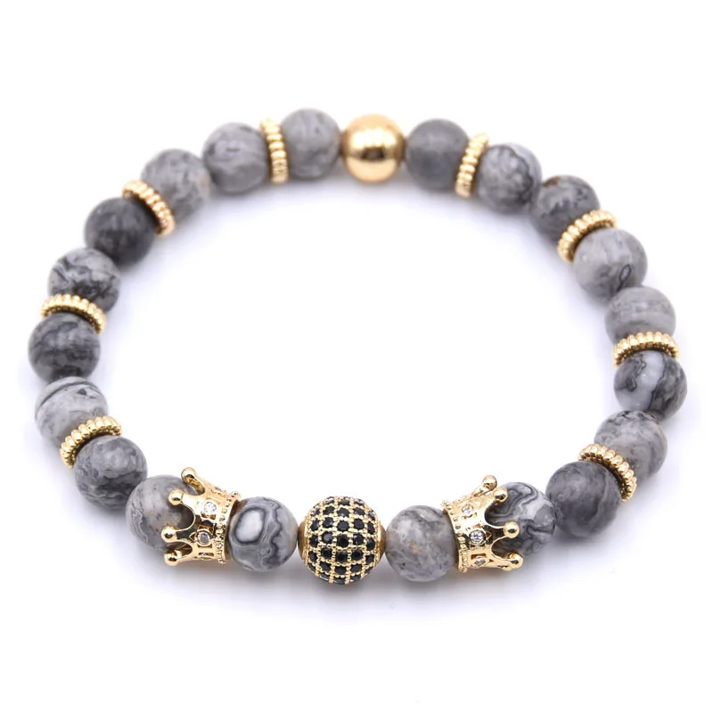 European DIY Custom Handmade Jewelry Elastic Natural Red Tiger Eye Stone Black Zircon Ball CZ Crown Beaded Bracelet