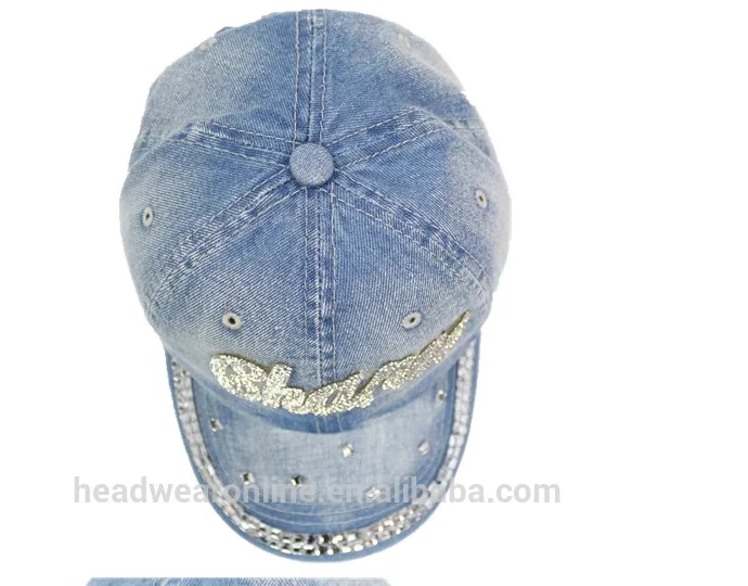 Fashion Custom Bling Rhinestone Washed Denim Baseball Cap 6 Panel Women Curved Brim Fitted Hat