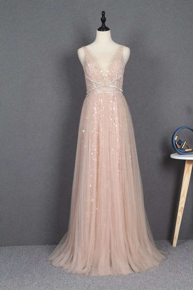 High-end evening dress Heavy beaded flowers  champagne a line tulle fairy  prom dress wholesales