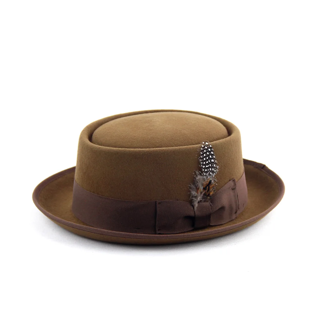 LiHua Wholesale Porkpie Hats Stain Lining Feather Trim Customized Pork Pie Hats Women Wool Felt Fedora Hat