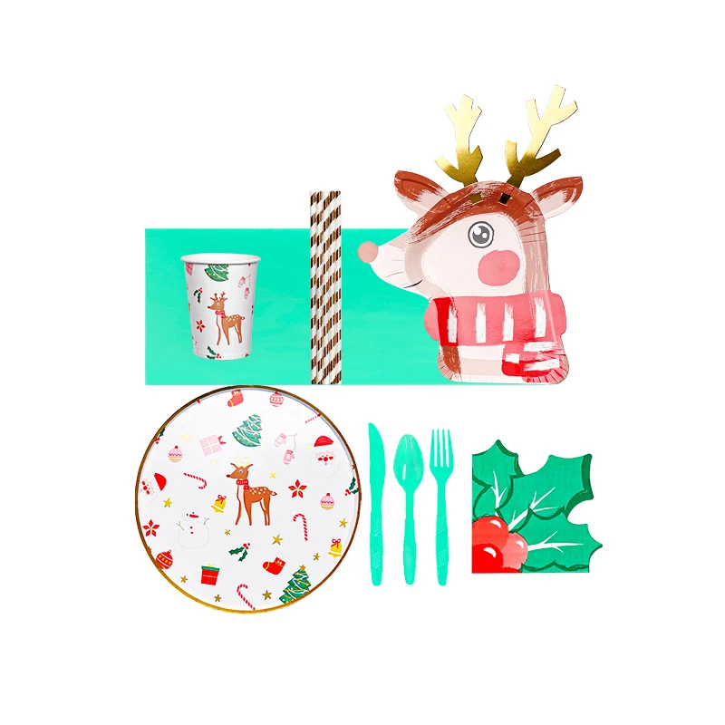 Partybus Original Design Paper Crafts Elk Plate Cup Holly Napkin Disposable Christmas Dinner Party Tableware Set