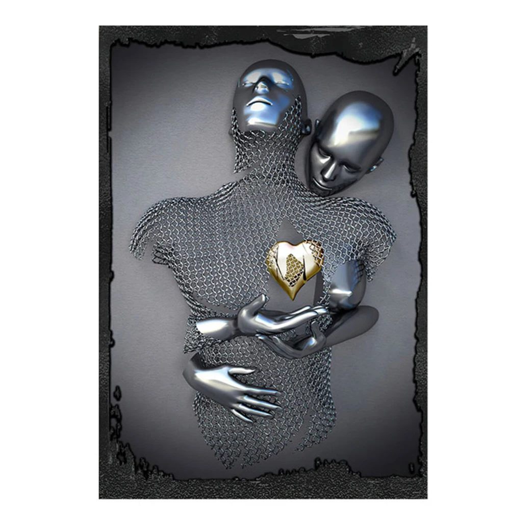 Nordic Couples Metal Figure Statue Wall Art Canvas Painting Lover Sculpture Poster Print Wall Picture for Living Room Home Decor