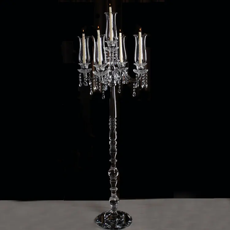 New luxury 5 arms K9 Crystal  candelabra Wedding Centerpiece wholesale Tall Glass Tubes Candle Holder with Lampshade for sale