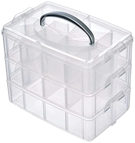 Transparent 3-Layer Stackable Plastic Storage  Box Rectangle Kids Toy Organizer Case with Glossy  Handle