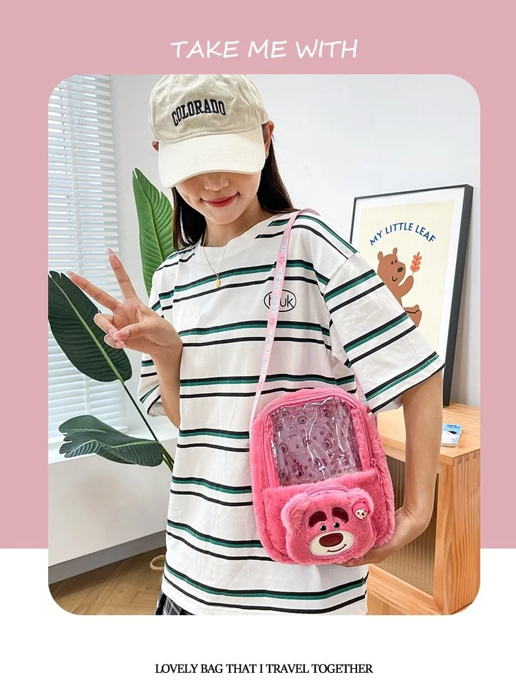 Wholesale Kuromi Strawberry Bear Cinnamon Transparent Doll PVC Transparent Bag Plush Bag Cute JK Style Girl Doll Backpack