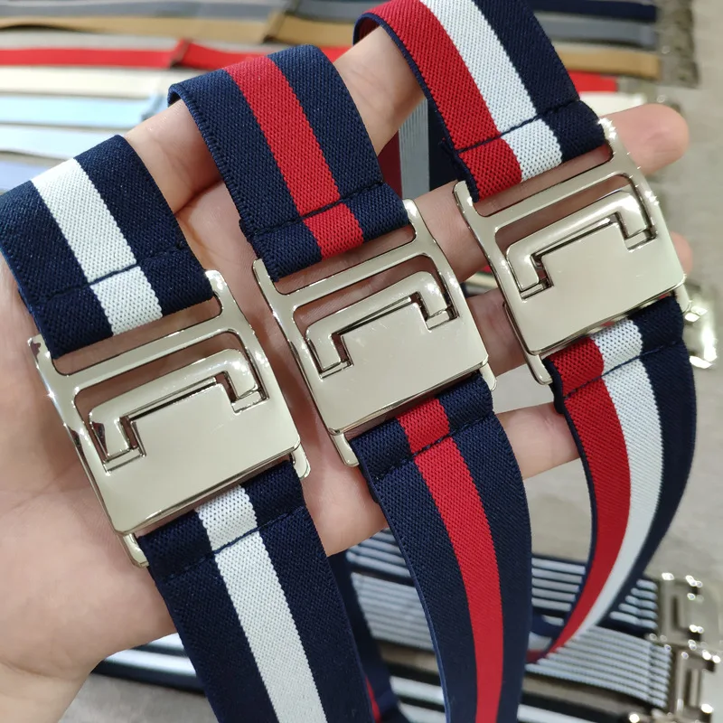 REWIN Silver Zinc Alloy Locking Buckle Waist Belt 3cm Adjustable Stretch Elastic Web Nylon Fashion Belt for Women Men