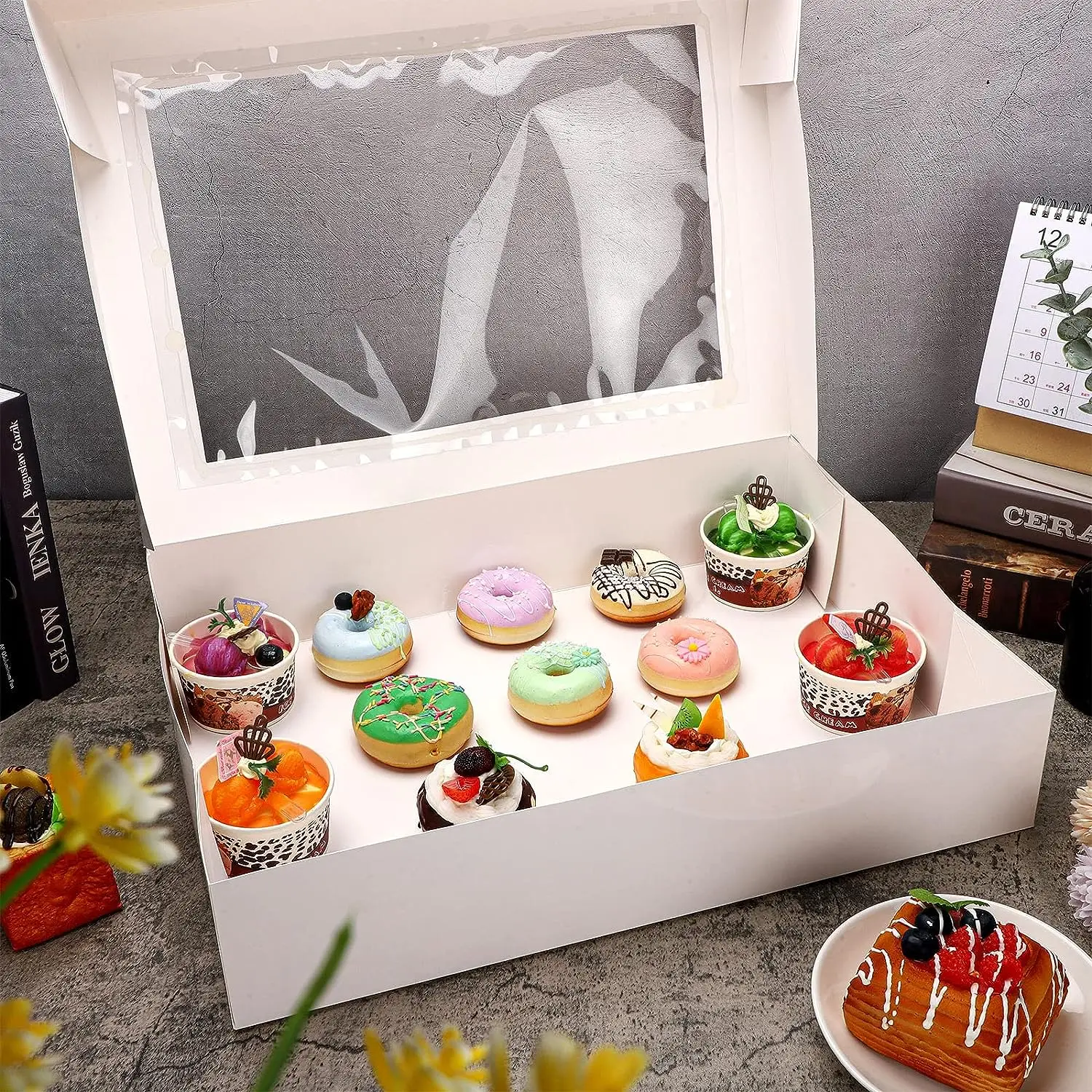White Cookie Boxes Auto-Popup Treat Boxes Pies Muffins Donuts Pastries Bakery Boxes With Window