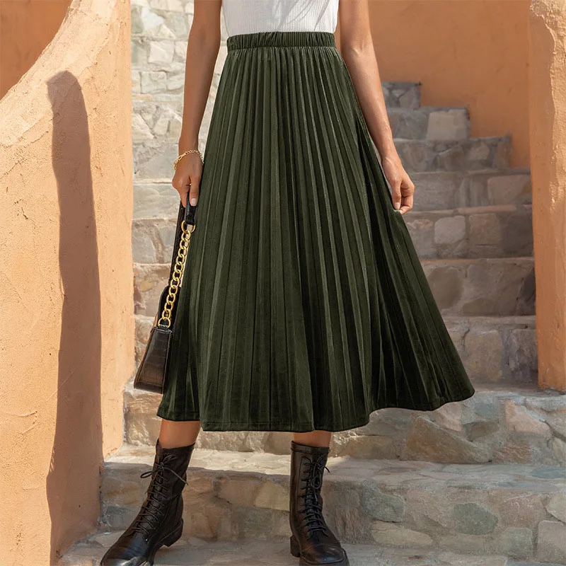 
2021 Hot Sell Desinger Cheap Big Hem Solid Color Straight High Wasted Long Pleated Chiffon Midi Casual Womens Skirts For Ladies 