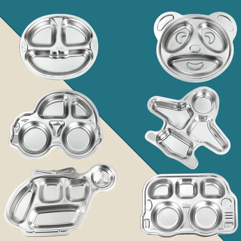 Free Laser Logo 304 Stainless Steel Cartoon Divided Dinner Plate Various Shapes Student School Lunch Divided Food Dinner Tray