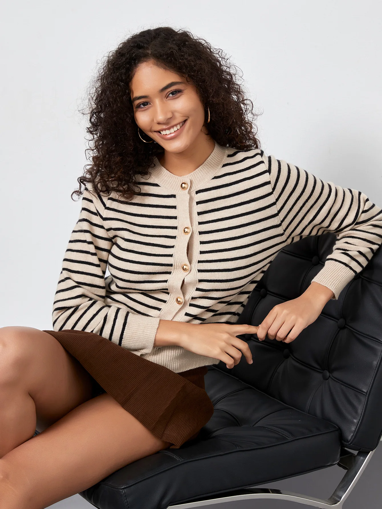 Fashion Women Striped Knitted Sweater Round Neck Casual Cardigan Sweater