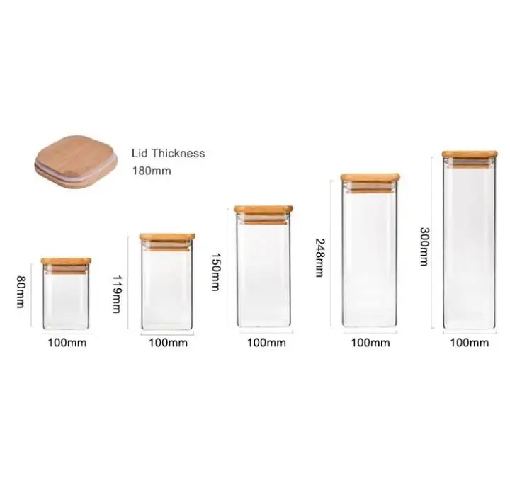 Устойчивая к высоким температурам боросиликатная деревянная крышка без БФА квадратная стеклянная баночка бамбук