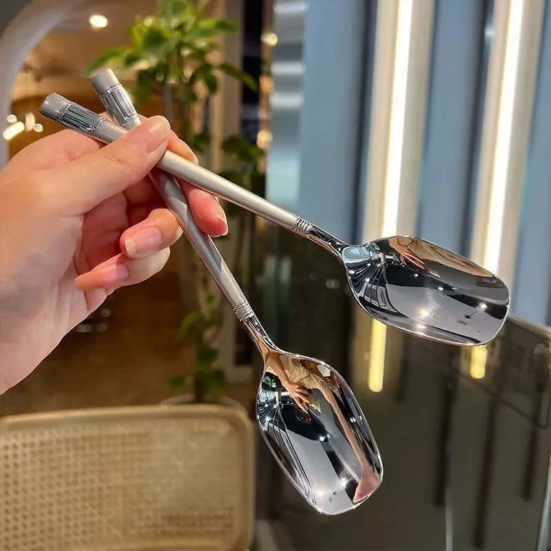 High-Appearance Korean Style Stainless Steel Square Soup Spoon Thick Dry Rice Lantern Spoon for Household Dining and Party Use