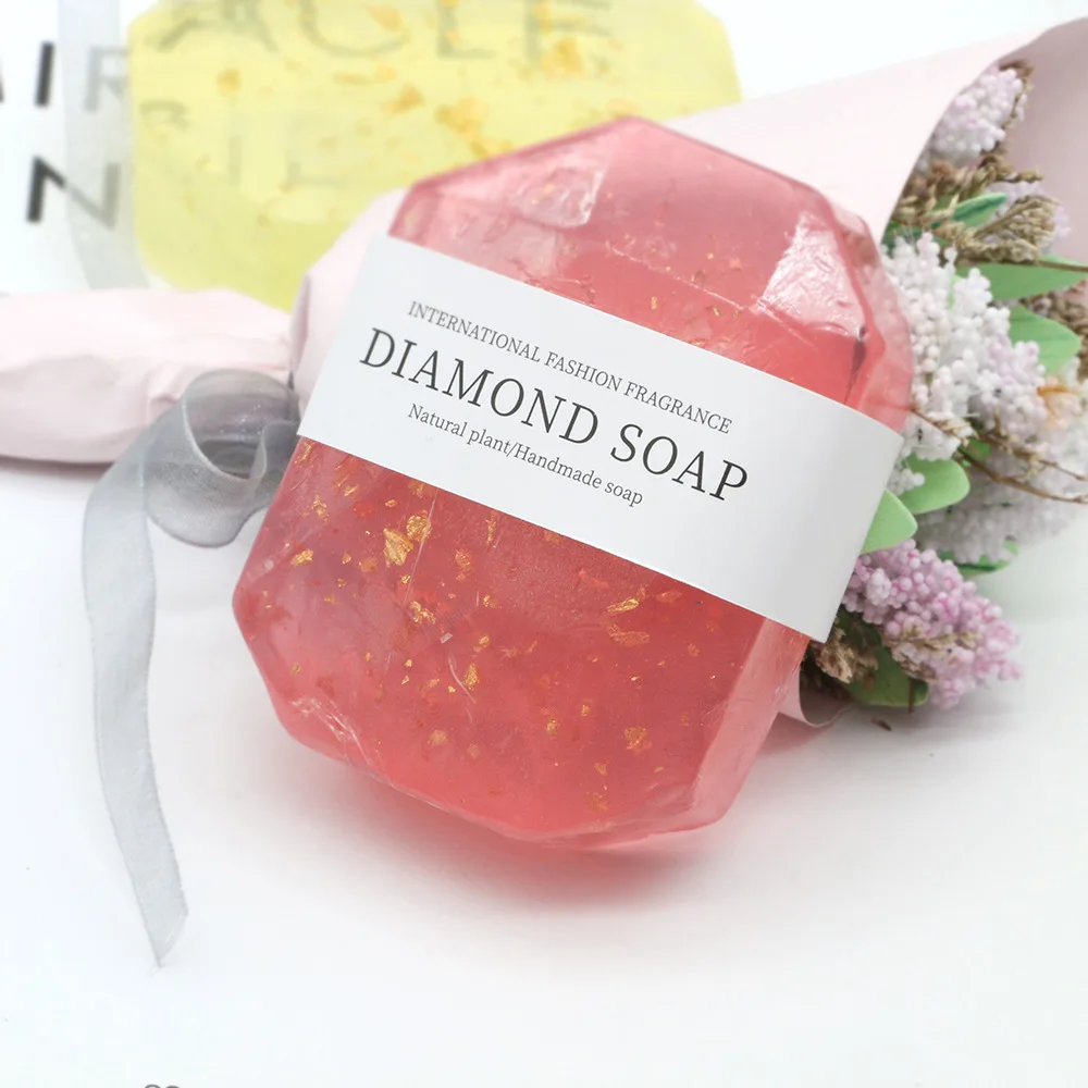 Oem/odm Diamond Soap Crystal Gemstone Shape Gold Foil Lightening Tighten Skin Natural Soap Handmade Body Soap