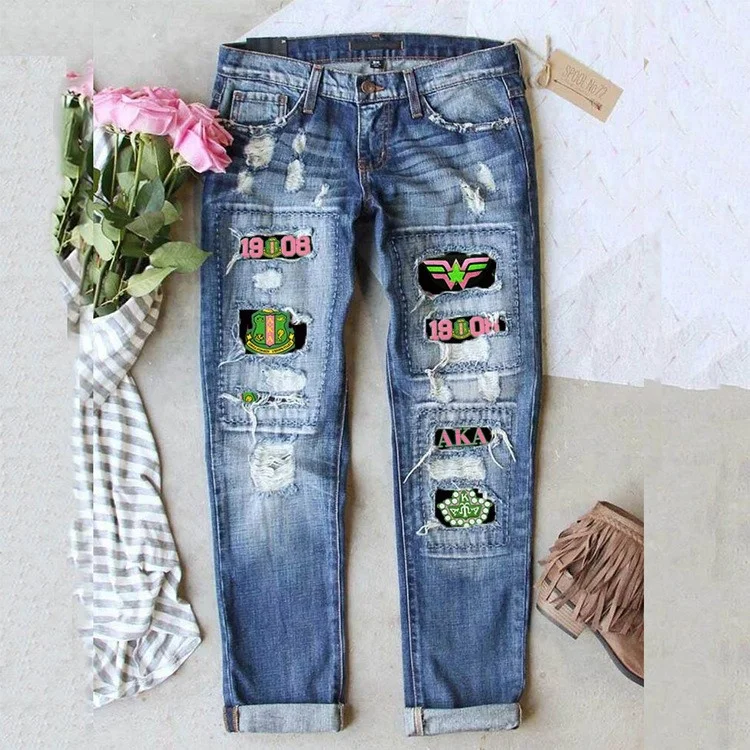Delta Sigma Sorority Inc Distressed Jeans Greek Blue Rave  Lady Jean Crumple up Sorority Mend Women Casual Denim Jeans