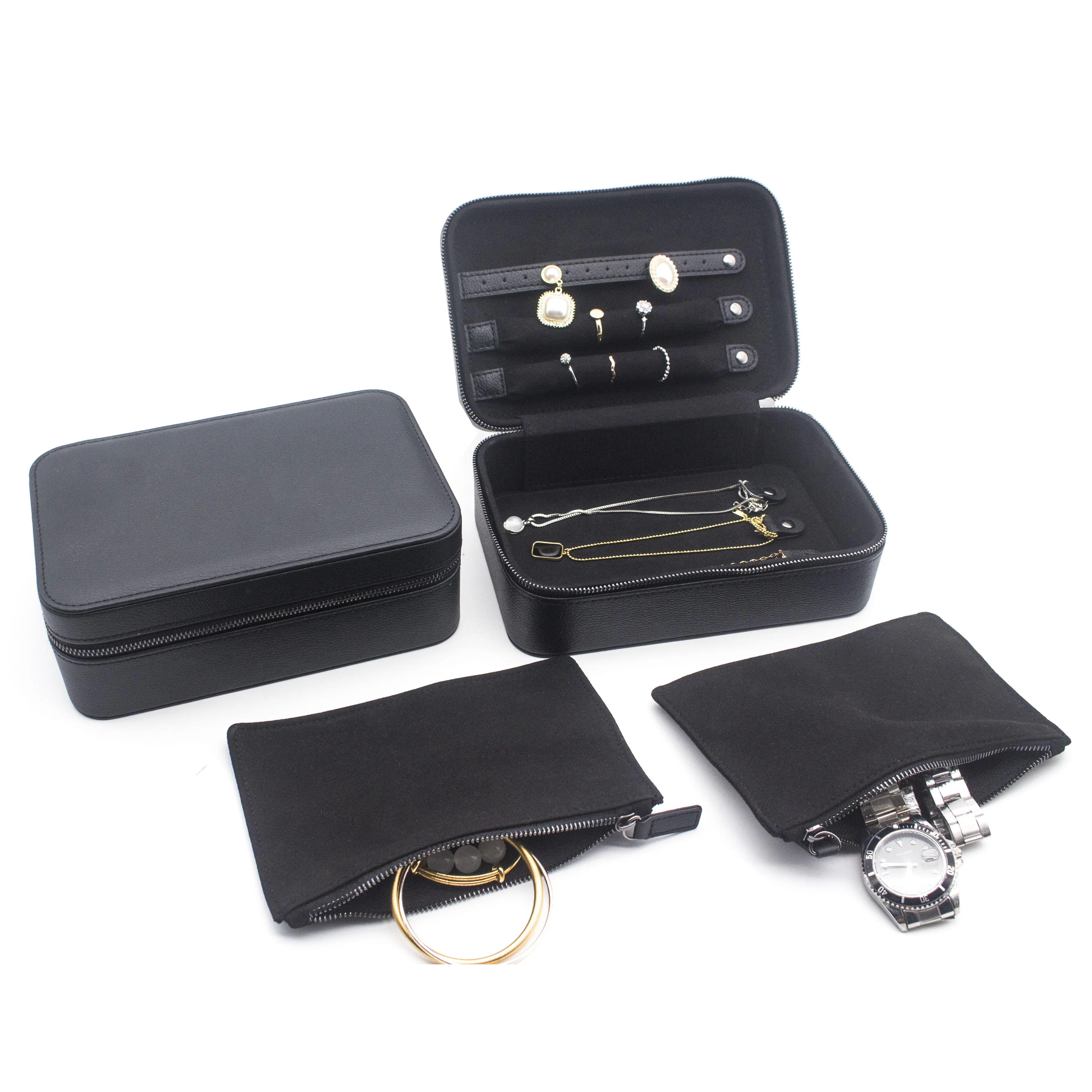 Custom Black PU Leather Travel Jewelry Accessories Storage Case Portable Jewellery Box Organizer
