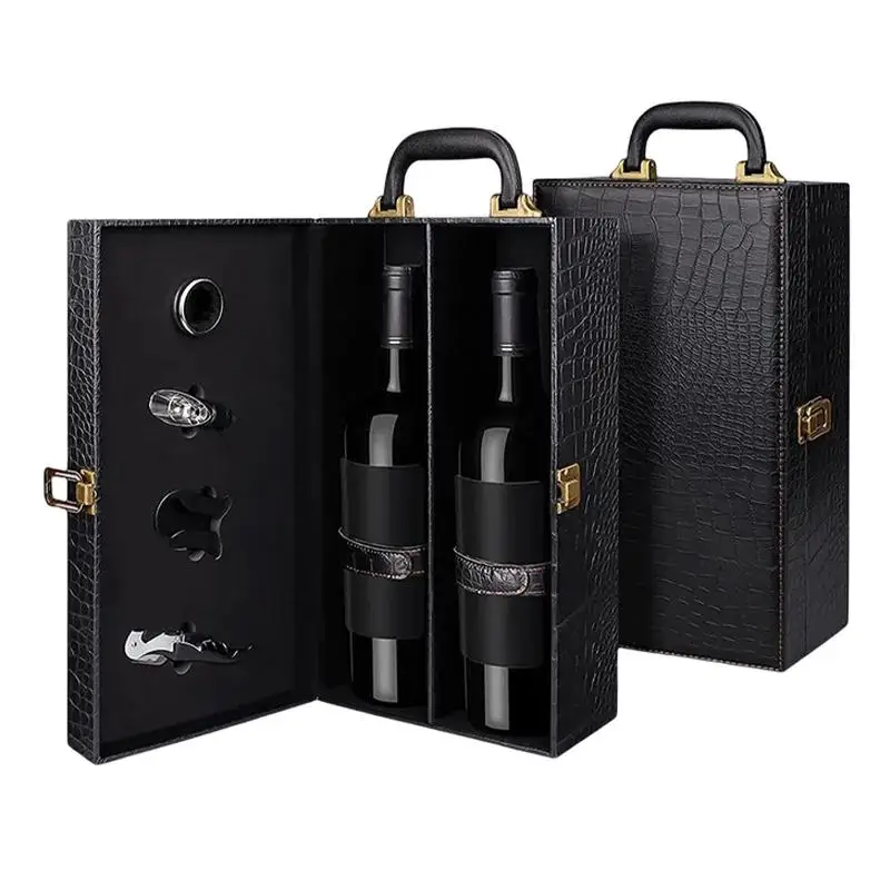 Storage Leather Wine Box And Handles Single Bottle Reusable Gift Box Crocodile Grain Pu Leather Double Bottle 750ml Red Wine Box
