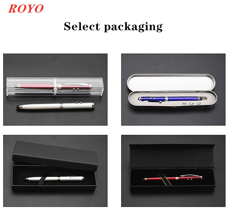 High quality 4 in 1 Pen Multifunctional  Logo with  iron case Light Up Pen Soft Touch Screen Stylus Led Laser Ballpoint Pen