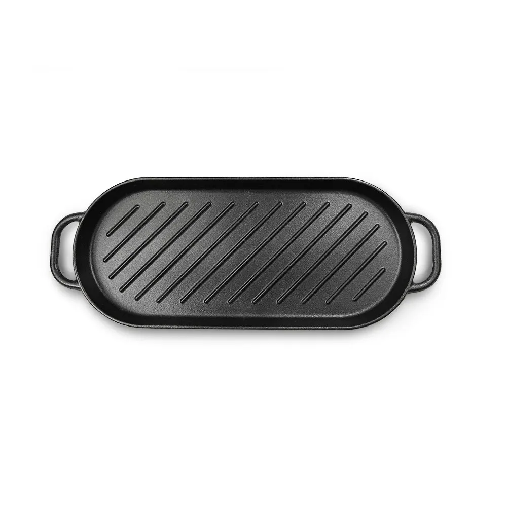 Cast iron non stick hot baking sizzling plate with wooden base