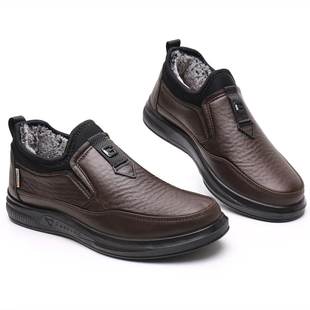 PU sole light weight water proof fur lined Mens winter warm leather boots loafers Shoes moccasins for men