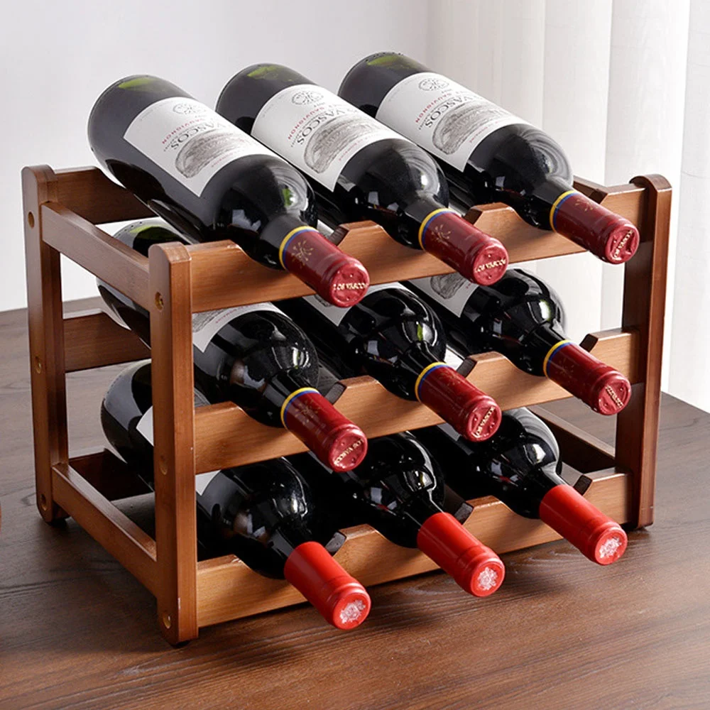 Free standing commercial wood bamboo storage shelf 2 tiers 6 bottle wooden wine racks