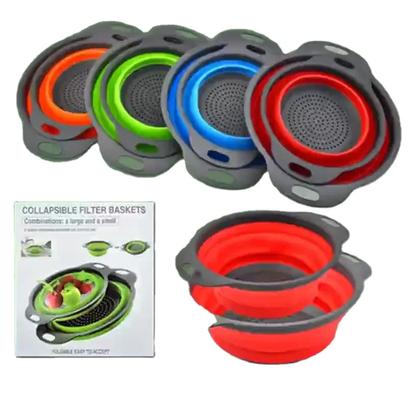 Collapsible Silicone Colander Strainer Set Space-Saving Sturdy Plastic Base Green Red Colored Pasta Food Net Strainer Kitchen