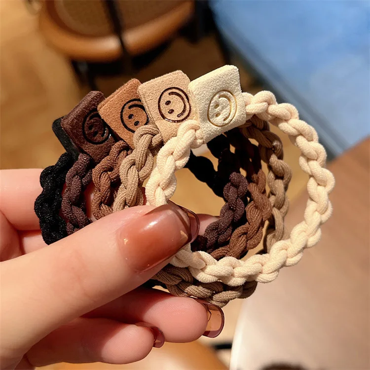 Wholesale 5PCS Simple Design Weave Strong Elastic Hair Ties Rope Women Girls Solid Color Scrunchies With Smiley Face Label