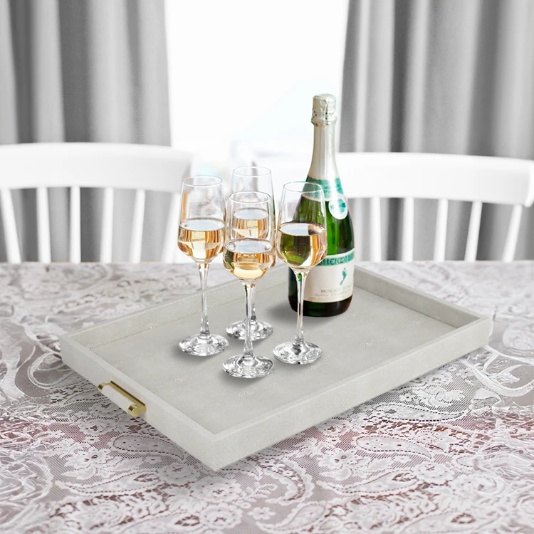 Set of 3 grey brown white shagreen leather storage tray Wine tea perfume serving tray with handle