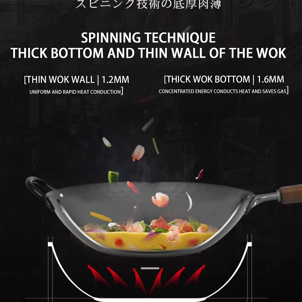 Traditional China Wok Cookware Non-Coating With Wood Handle Hand Hammers Wok