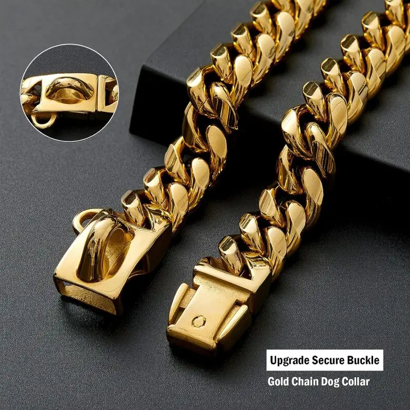 Wholesale Strong Heavy Duty Chew Proof Stainless Steel Dog Necklace Cuban Link Chain Dog Collar with Safety Buckle Lock