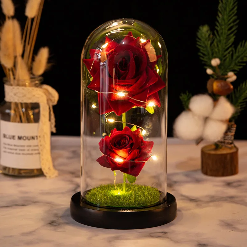 Customized Mothers Day Gifts Beauty Beast Belle Led Red Real Eternal Flower Preserved Roses in Glass Dome
