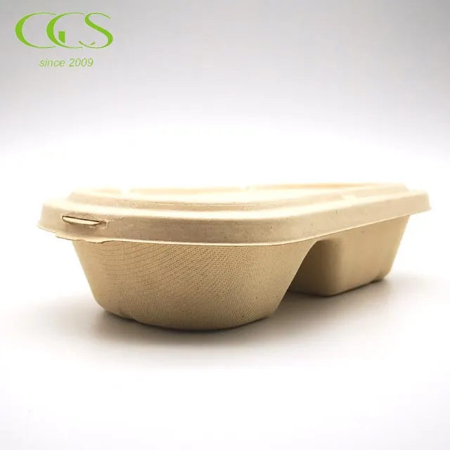 850ml Biodegradable Disposable Wheat Straw Pulp Food Container Double Compartment with Lid Eco-Friendly Paper for Camping