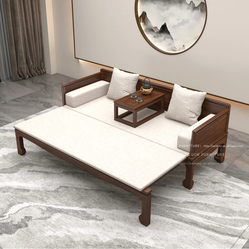 Wujinmu Arhat Bed, Tea Table and Chair Combination, Solid Wood Tea Room,living Room, New Chinese Style Sofa Bed,white Wax Wood,