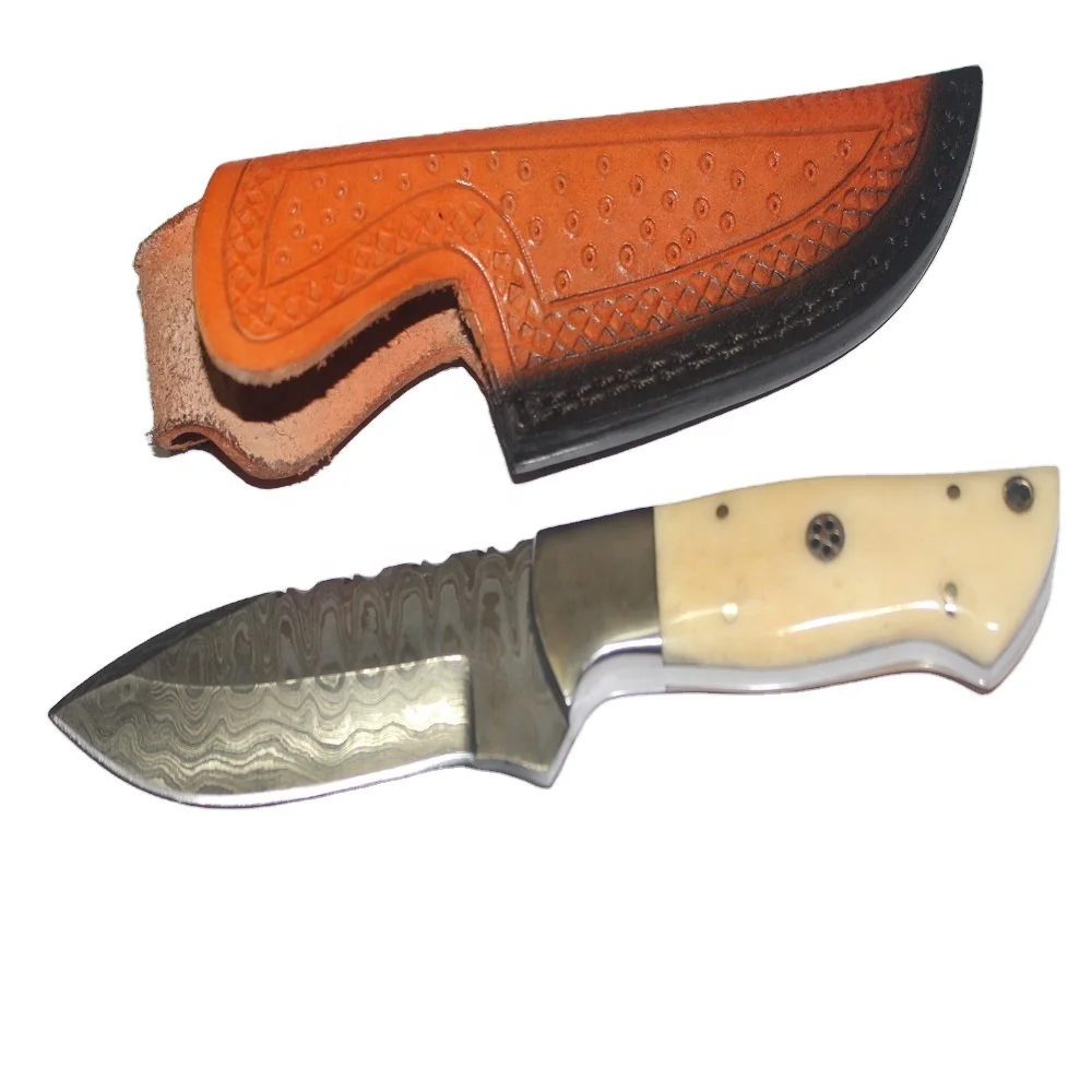 
DAMASCUS STEEL RANDOM PATTERN HUNTING SKINNING SURVIVAL BUSH CRAFT EDC KNIFE WITH BONE HANDLE AND MOSAIC PIN (U265) 