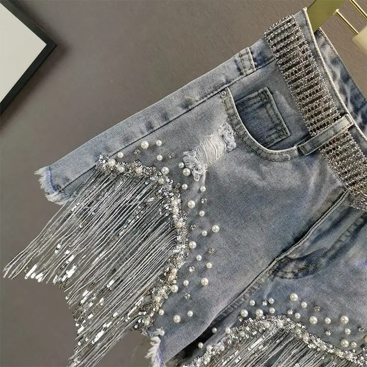 2022 Fashion Streetwear Korea Women High Waist Ripped Pearl Beaded Rhinestone Sequin Fringed Tassel Denim Ladies Jeans Shorts