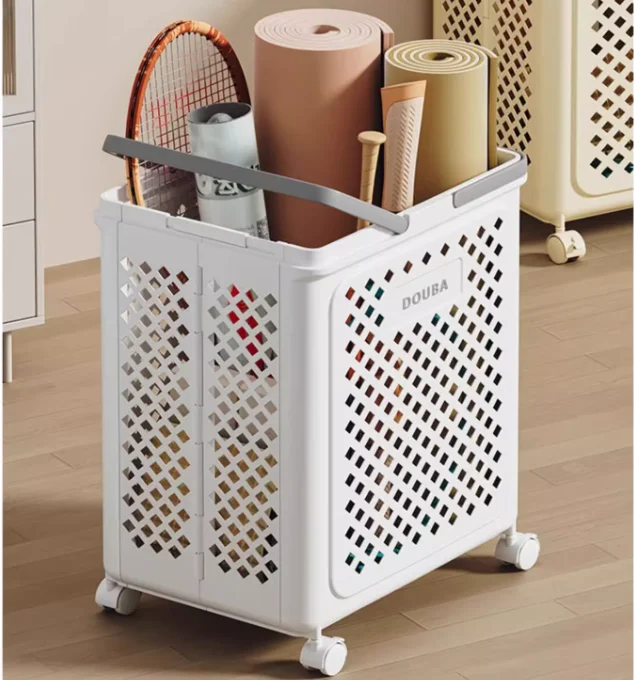 Rmier Foldable Yoga Mat Storage Basket Bin Plastic Laundry Baskets with Wheels Yoga Mat Holder Stand for Home Gym