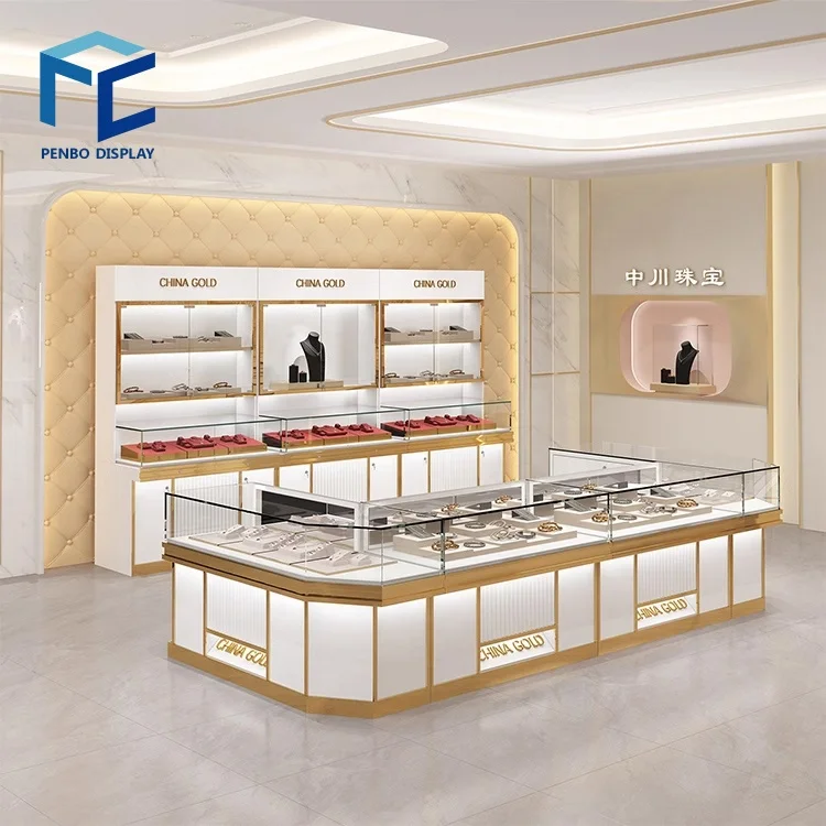 Custom Modern Mall Kiosk Watches Pearl Store Furniture Decoration Jewelry Display Counter Cabinet Showcase for Gold Jewelry Shop