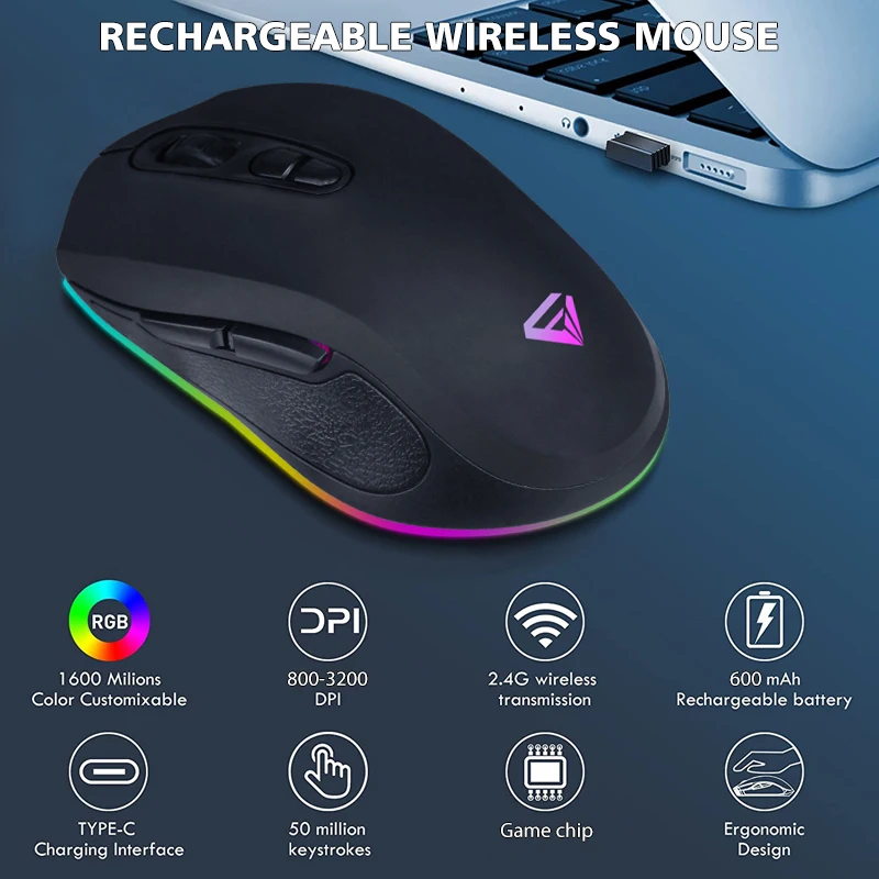 Лидер продаж Amazon, Беспроводная игровая мышь RGB 2,4G, эргономичная офисная мышь для ноутбука и настольного компьютера