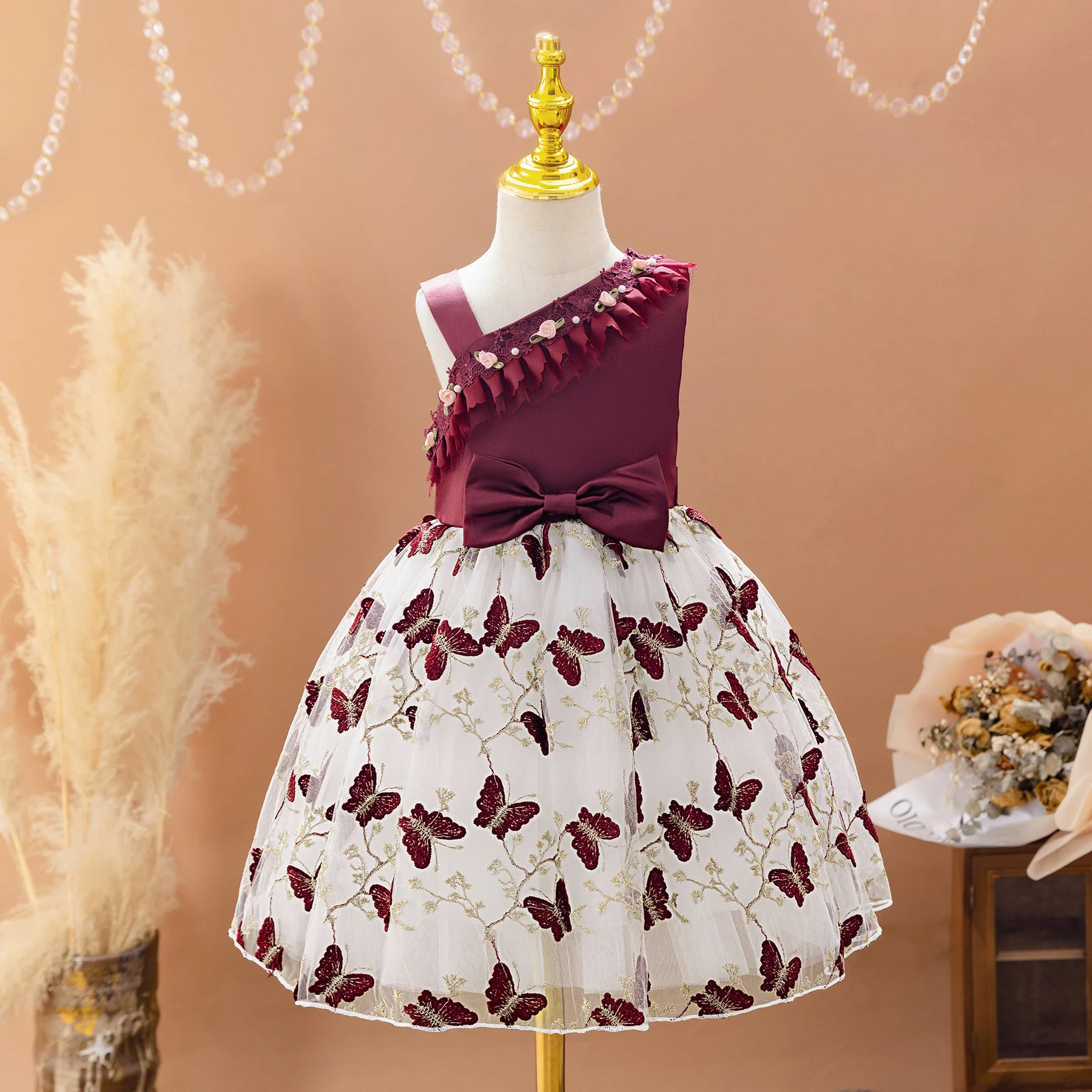 Elegant One-Shoulder Butterfly Embroidered Princess Dress for Girls Perfect for Weddings & Special Occasions