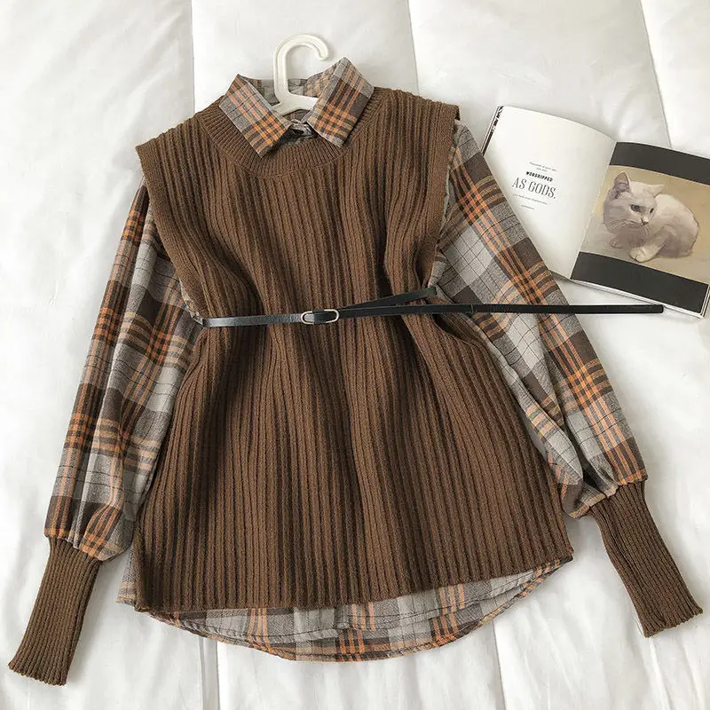 2022 Japan Korea autumn winter new fashion cotton shirt and vest 2 pieces set for women matching sets outfits
